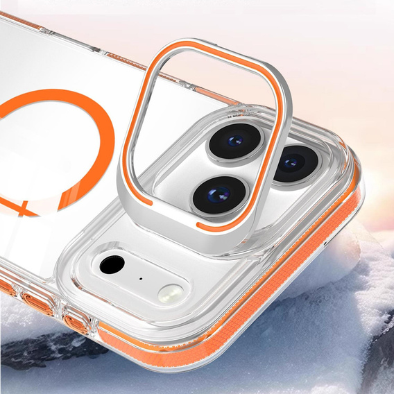 Tok iPhone 17 Pro Max készülékhez, MagSafe, állvánnyal, átlátszó, narancssárga betétekkel