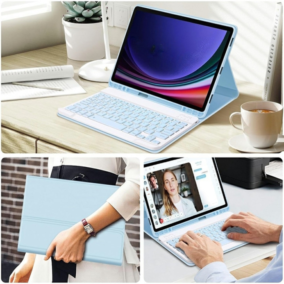 Tok + billentyűzet Samsung Galaxy Tab S9 FE, Leather Pen Slot, világoskék