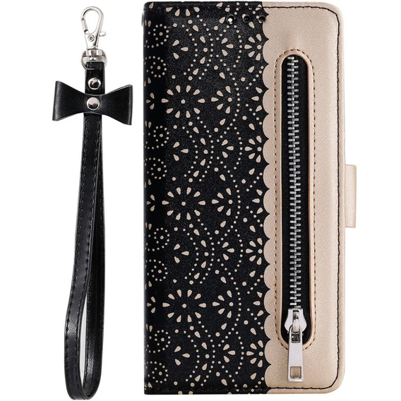 Flap tok Samsung Galaxy A25 5G, Wallet Pocket Zipper Lace, fekete