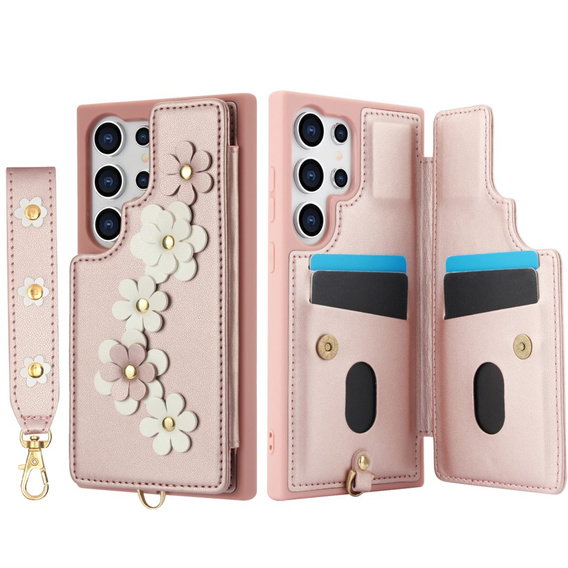 Tok Samsung Galaxy S24 Ultra, Leather Flower Card Slot, rózsaszín