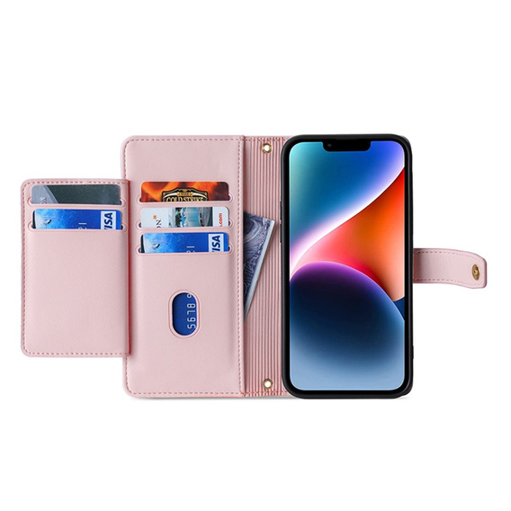 Pattintható tok a iPhone 14, Wallet Zipper Pocket, rózsaszín