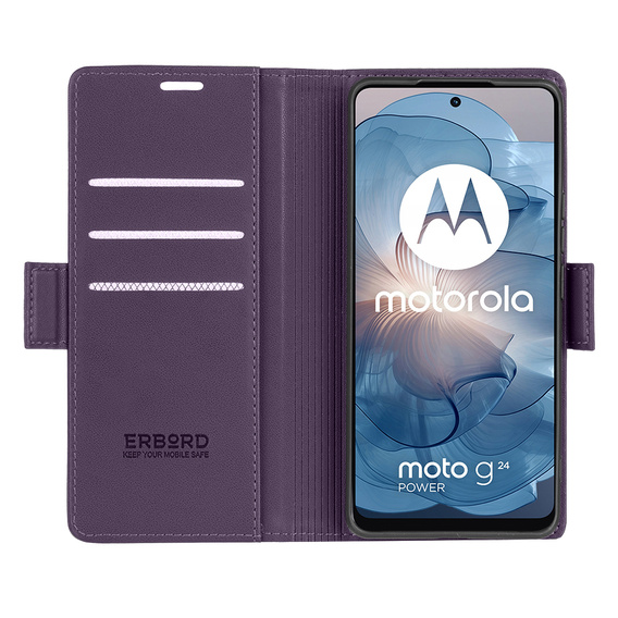 Tok Motorola Moto G24 Power, ERBORD Glossy Litchi, pénztárca patenttal, lila
