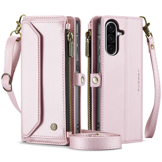Tok CASEME Samsung Galaxy A56 5G, RFID Leather Wallet, vállpánttal, rózsaszín