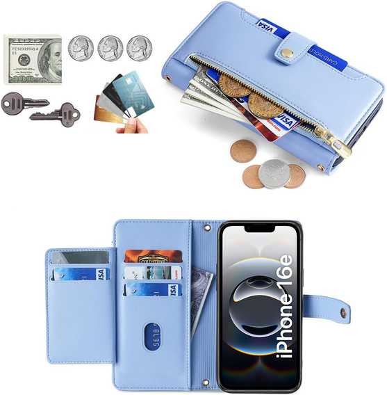 Pattintható tok a iPhone 16E, Wallet Zipper Pocket, kék