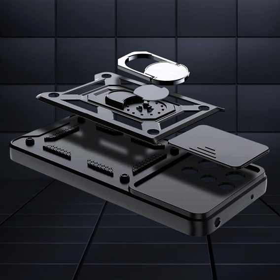 Páncélozott tok Oppo Reno 14 készülékhez, kameravédelemmel, állvánnyal, fekete