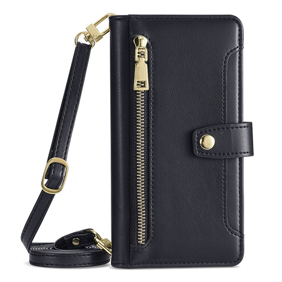 Pattintható tok a iPhone 14, Wallet Zipper Pocket, fekete