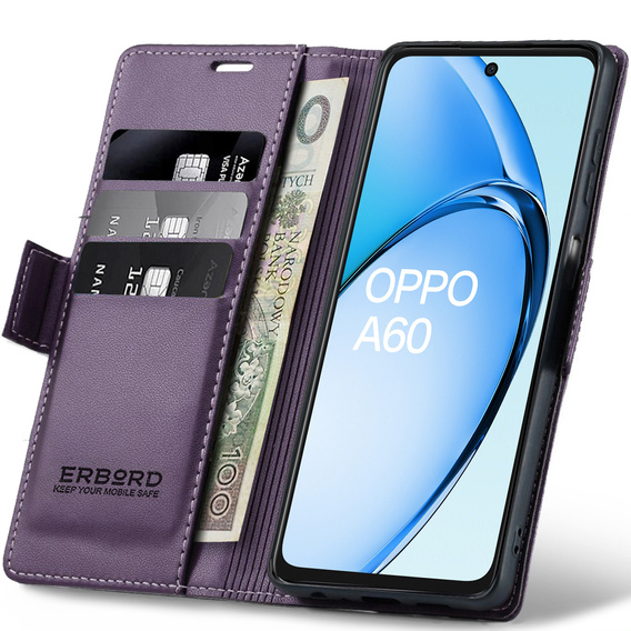 Tok Oppo A60, ERBORD Glossy Litchi, pénztárca patenttal, lila