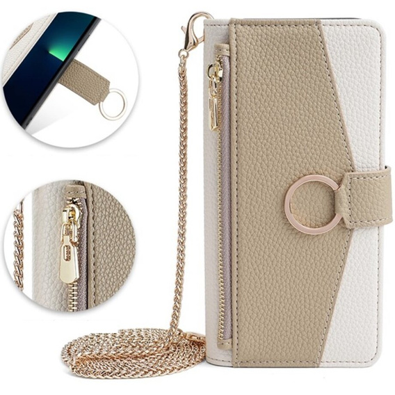 Flip tok Samsung Galaxy S23 Ultra, Wallet Zipper Pocket, tükörrel, fehér