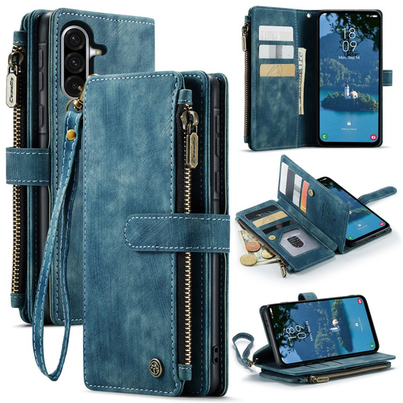 CASEME tok Samsung Galaxy A56 5G, Leather Wallet Cash and Card Slots, pánttal, kék