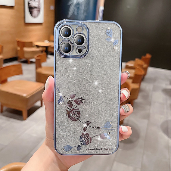 tok iPhone 12 Pro, csillogó virág, kék