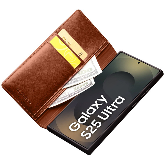 Flip tok Samsung Galaxy S25 Ultra, QIALINO Leather Wallet, barna
