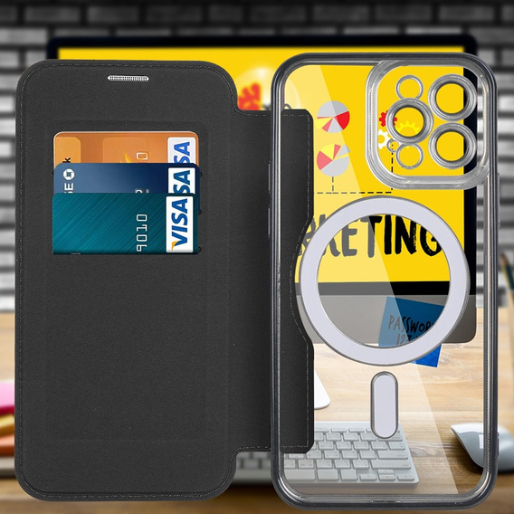 Pattintható tok a iPhone 12 Pro Max, RFID Wallet MagSafe CamShield, fekete