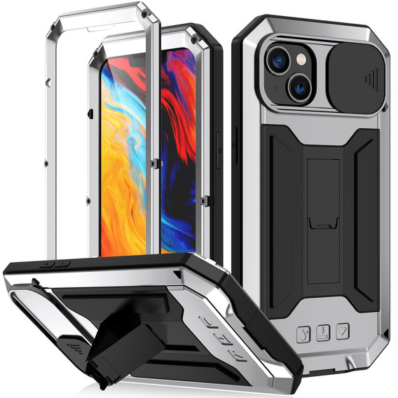 Tojás iPhone 14 Plus, R-JUST CamShield Slide, páncélozott, ezüst / fekete
