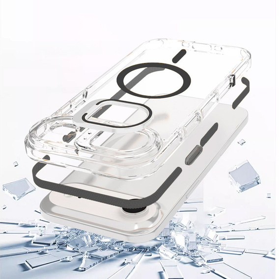 Tok iPhone Air készülékhez, MagSafe, állvánnyal, átlátszó, fekete betétekkel