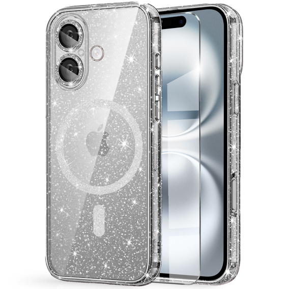 Tok iPhone 16-hoz, ERBORD Glitter MagSafe, átlátszó + képernyőüveg