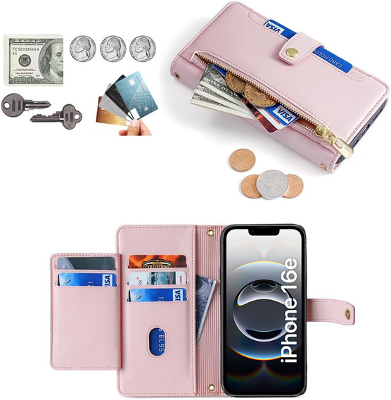 Pattintható tok a iPhone 16E, Wallet Zipper Pocket, rózsaszín