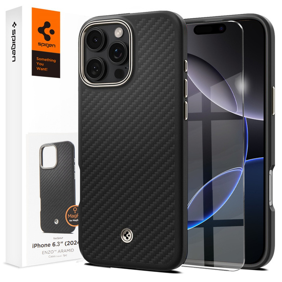 Spigen tok iPhone 16 Pro készülékhez, Enzo Aramid MagSafe, carbon fekete + 9H edzett üveg
