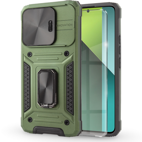 Páncélozott tok Xiaomi Redmi Note 13 Pro 5G, CamShield Slide, zöld + edzett üveg 9H