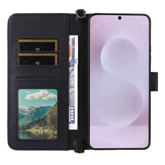 Tok patenttal a Samsung Galaxy S25 Edge-hez, Crossbody Leather Wallet, fekete