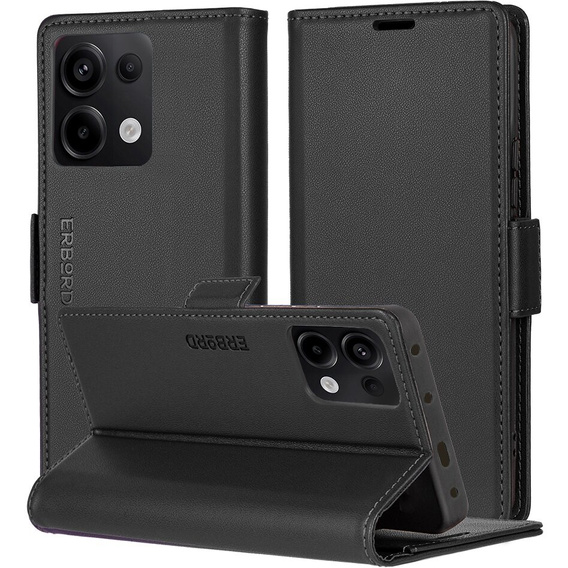 Tok Xiaomi Redmi Note 13 Pro 4G / Xiaomi Redmi Note 14S / Xiaomi Poco M6 Pro 4G, ERBORD Glossy Litchi, pénztárca patenttal, fekete
