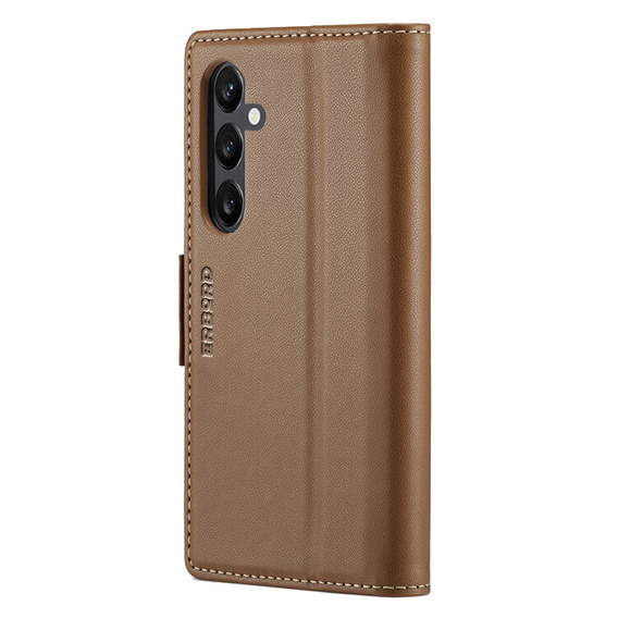 Tok Samsung Galaxy A55, ERBORD Glossy Litchi, pénztárca patenttal, barna