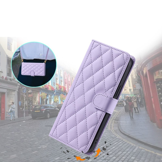 Flap tok iPhone 16, Rhombus Crossbody Leather, lila
