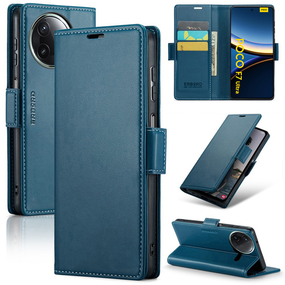 Tok Xiaomi Poco F7 Ultra, ERBORD Glossy Litchi, pénztárca patenttal, kék