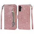 Pattintható tok a Samsung Galaxy A55, Wallet Zipper Pocket Glittery, rózsaszín rose gold