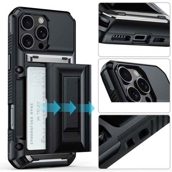 TPU + PC páncél tok kártyatartóval, fekete iPhone 16 Pro Max készülékekhez