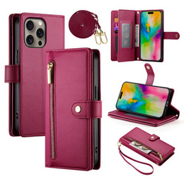 Pattintható tok a iPhone 16 Pro, Wallet Zipper Pocket, piros