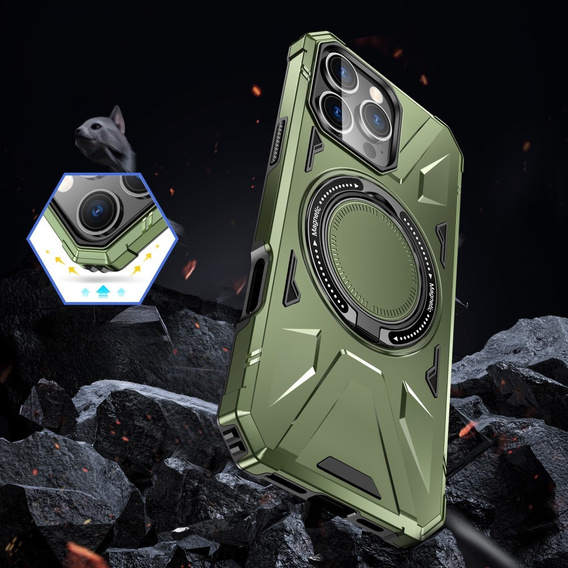 Tok iPhone 16 Pro Max-hoz, páncélozott, állvánnyal és fogantyúval, zöld