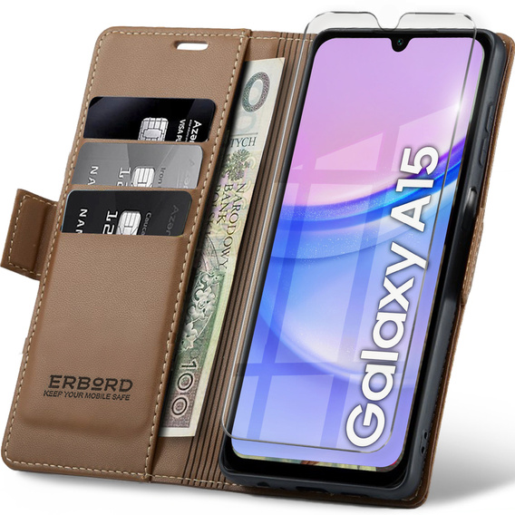 tok Samsung Galaxy A15 4G / 5G, ERBORD Fényes Litchi, flip pénztárca + 9H edzett üveg
