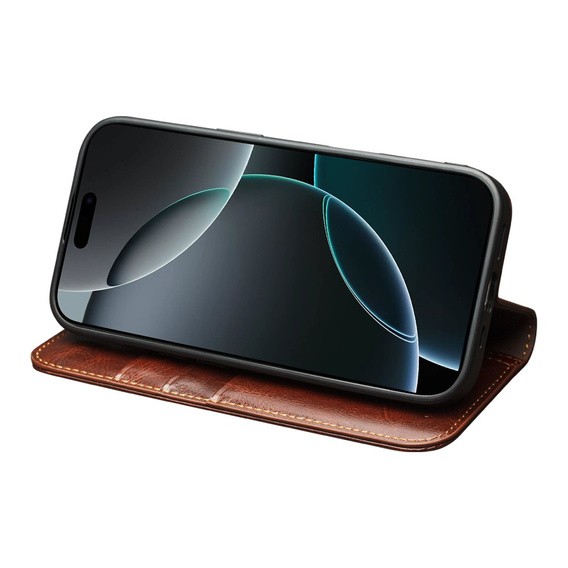 QIALINO valódi marhabőr flip tok iPhone 17 Pro Max készülékhez, barna