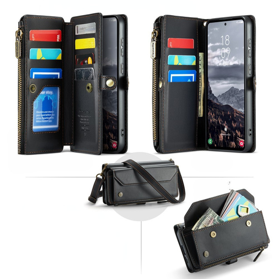 Tok CASEME Samsung Galaxy S24 FE, RFID Leather Wallet, vállpánttal, fekete