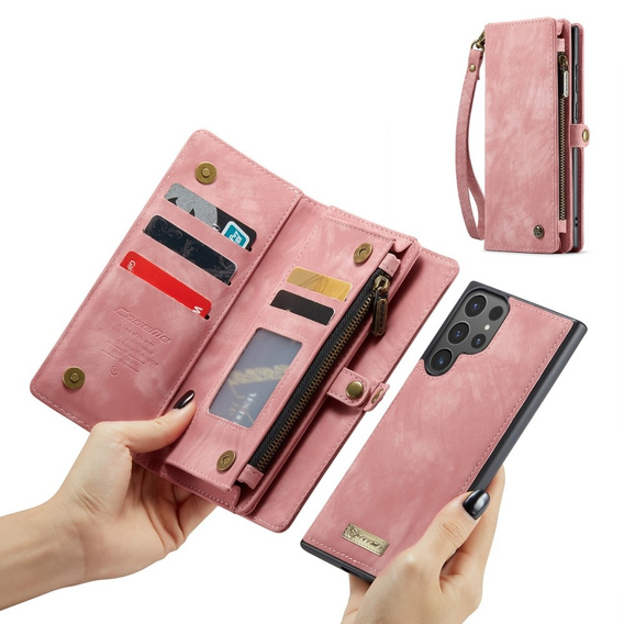 CASEME tok Samsung Galaxy S25 Ultra, Retro Leather Wallet, szíjjal, rózsaszín