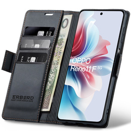 Tok Oppo Reno 11F, ERBORD Glossy Litchi, pénztárca patenttal, fekete