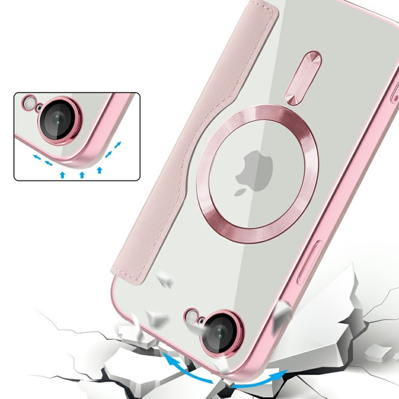 Pattintható tok a iPhone 16E, RFID Wallet MagSafe CamShield, rózsaszín