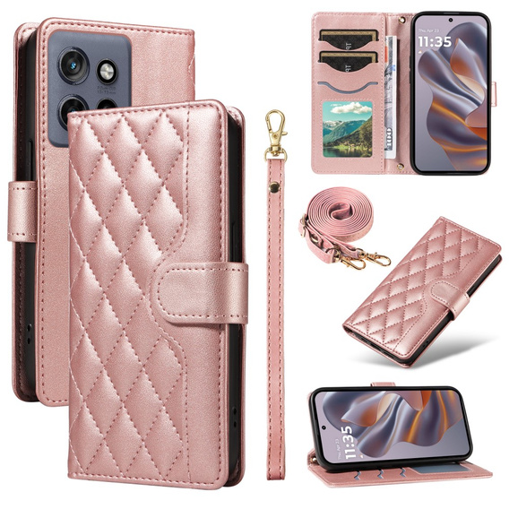 Flap tok Motorola Edge 50 Neo / Motorola ThinkPhone 25, Rhombus Crossbody Leather, rózsaszín rose gold