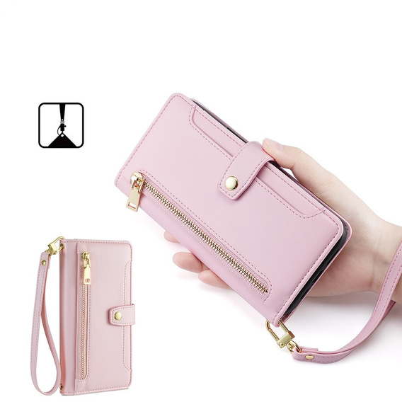 Pattintható tok a Realme 14 Pro+ 5G, Wallet Zipper Pocket, rózsaszín