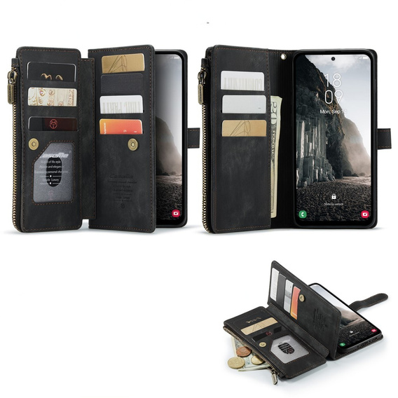 CASEME tok Samsung Galaxy A56 5G, Leather Wallet Cash and Card Slots, pánttal, fekete