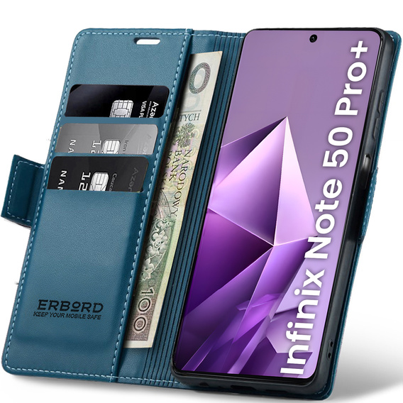 Tok Infinix Note 50 Pro+, ERBORD Glossy Litchi, pénztárca patenttal, kék