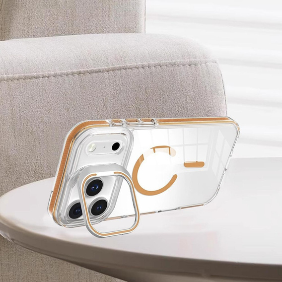 Tok iPhone 17 Pro Max készülékhez, MagSafe, állvánnyal, átlátszó, arany betétekkel