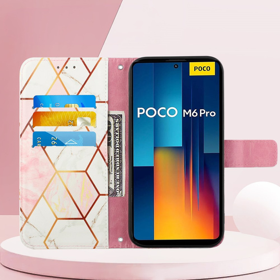 Pattintható tok a Xiaomi Redmi Note 13 Pro 4G / Xiaomi Redmi Note 14S / Xiaomi Poco M6 Pro 4G, Wallet, Marble rózsaszín