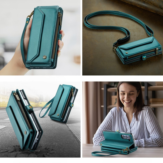 Tok CASEME Samsung Galaxy Z Fold6 5G, RFID Leather Wallet, vállpánttal, zöld
