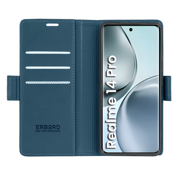 Tok Realme 14 Pro 5G, ERBORD Glossy Litchi, pénztárca patenttal, kék