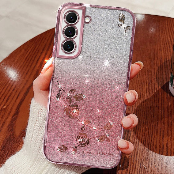 tok Samsung Galaxy S22+ Plus, csillogó virág, rózsaszín rose gold
