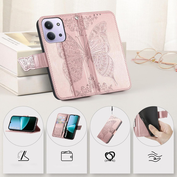 Pattintható tok a Xiaomi Redmi 15C 4G/LTE, Butterfly, rózsaszín rose gold