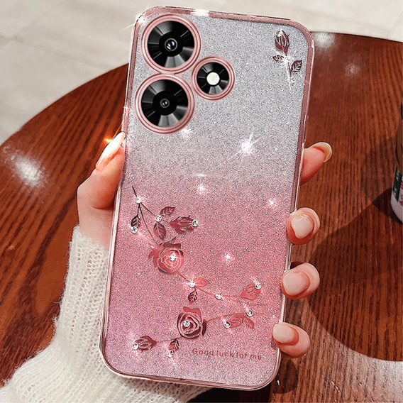 tok Infinix Hot 30, csillogó virág, rózsaszín rose gold