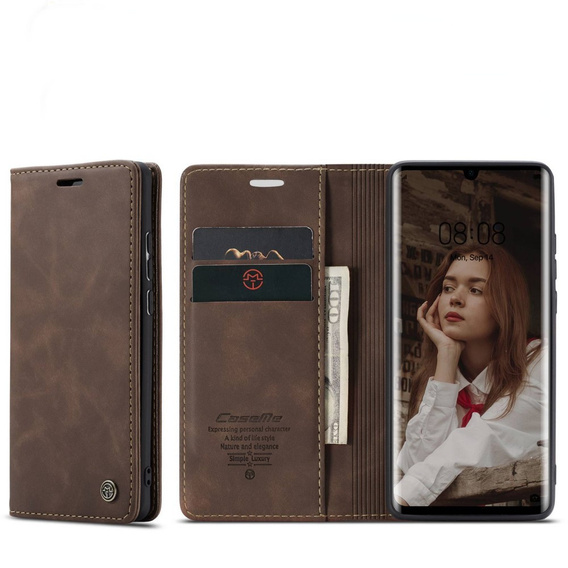 CASEME tok Huawei P30 Pro, Leather Wallet Case, sötétbarna