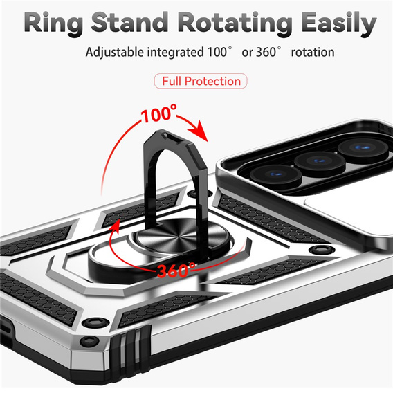 Páncélozott tok állvánnyal és lencsefedéllel Samsung Galaxy S26 Plus készülékhez, ezüst színű